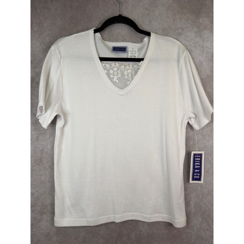 NWT Y2K ERIKA & CO White V-Neck Lace Trim Short‎ Sleeve T-Shirt Top Women's L